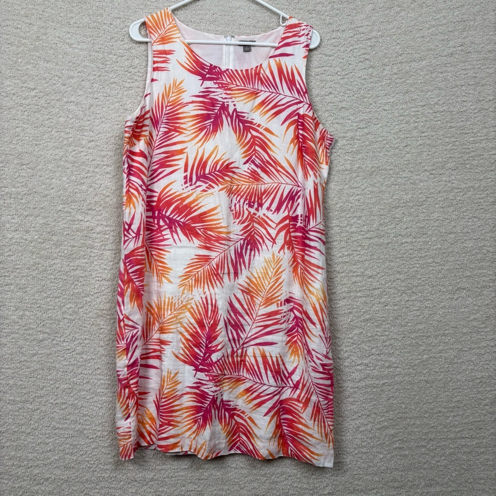 J Jill Dress 14 Love Linen Pink Orange Tropical Palm Leaf Sleeveless Shift